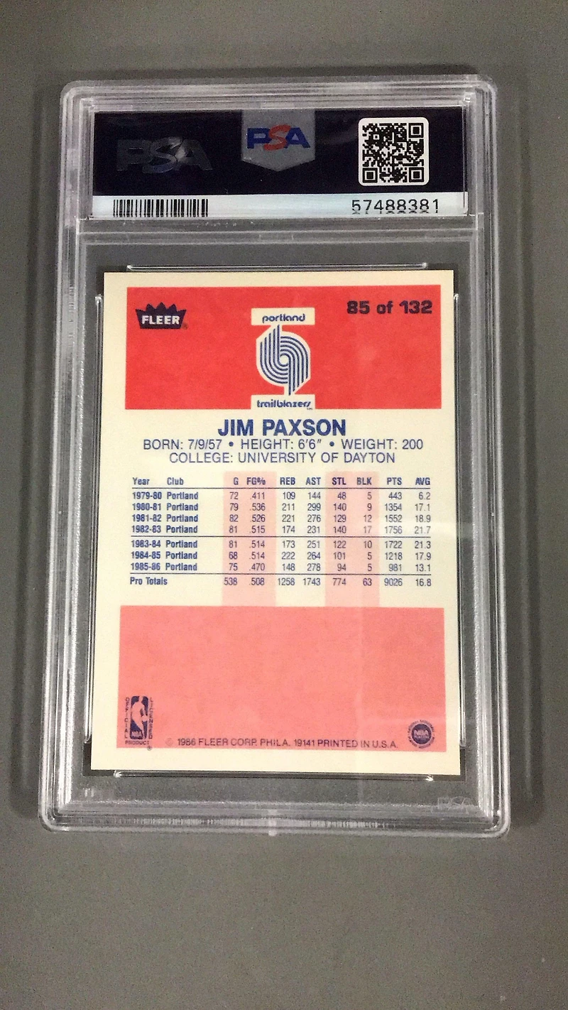 1986 Fleer 85 Jim Paxson PSA 9
