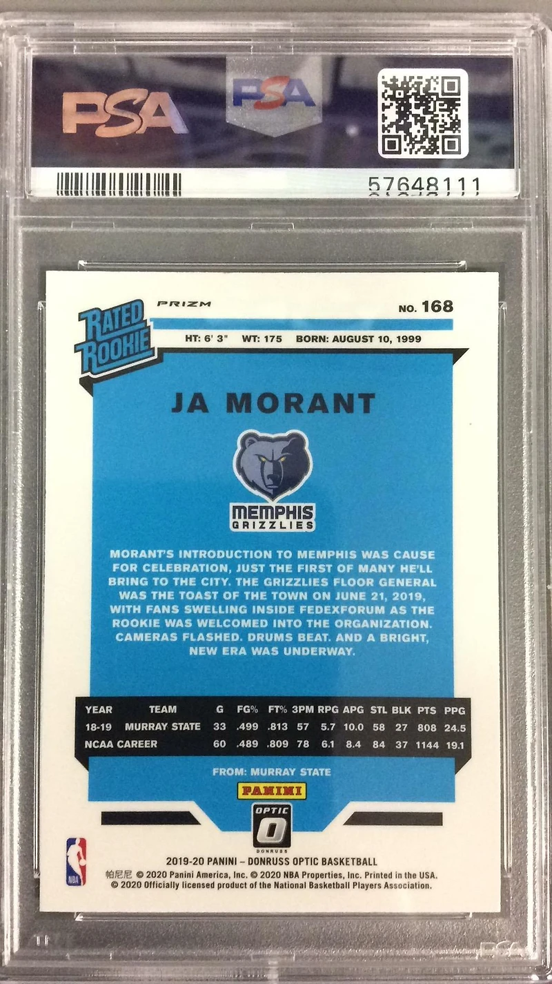 2019 Panini Donruss Optic 168 Ja Morant Purple Shock PSA 10