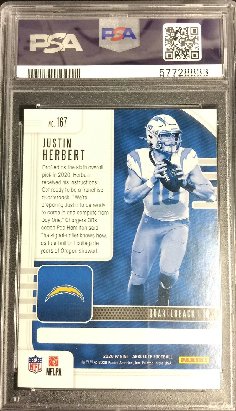 2020 Panini Absolute 167 Justin Herbert Yellow PSA 10