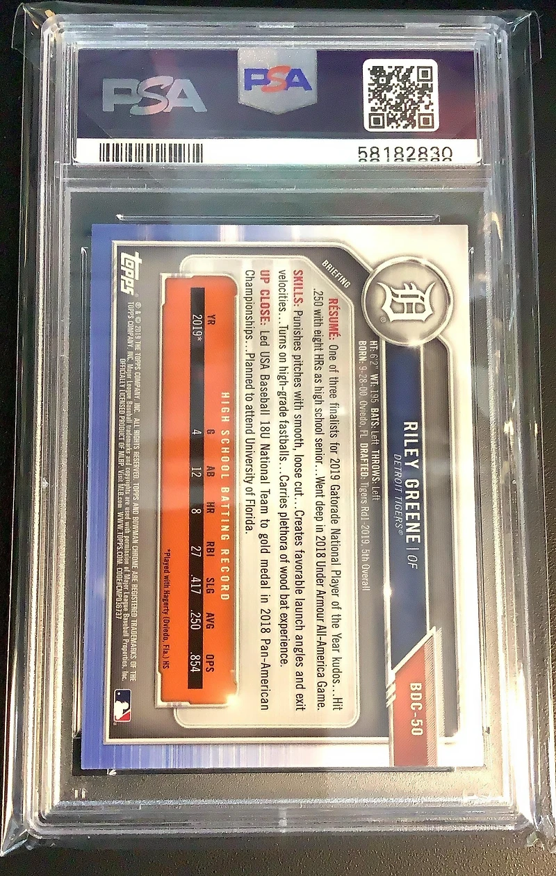 2019 Bowman Draft Chrome Sapphire Edition Bdc50 Riley Greene PSA 10