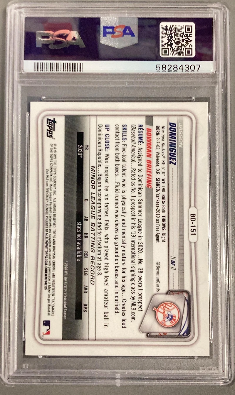 2020 Bowman Draft Bd151 Jasson Dominguez Chrome-sparkle Refractor PSA 10