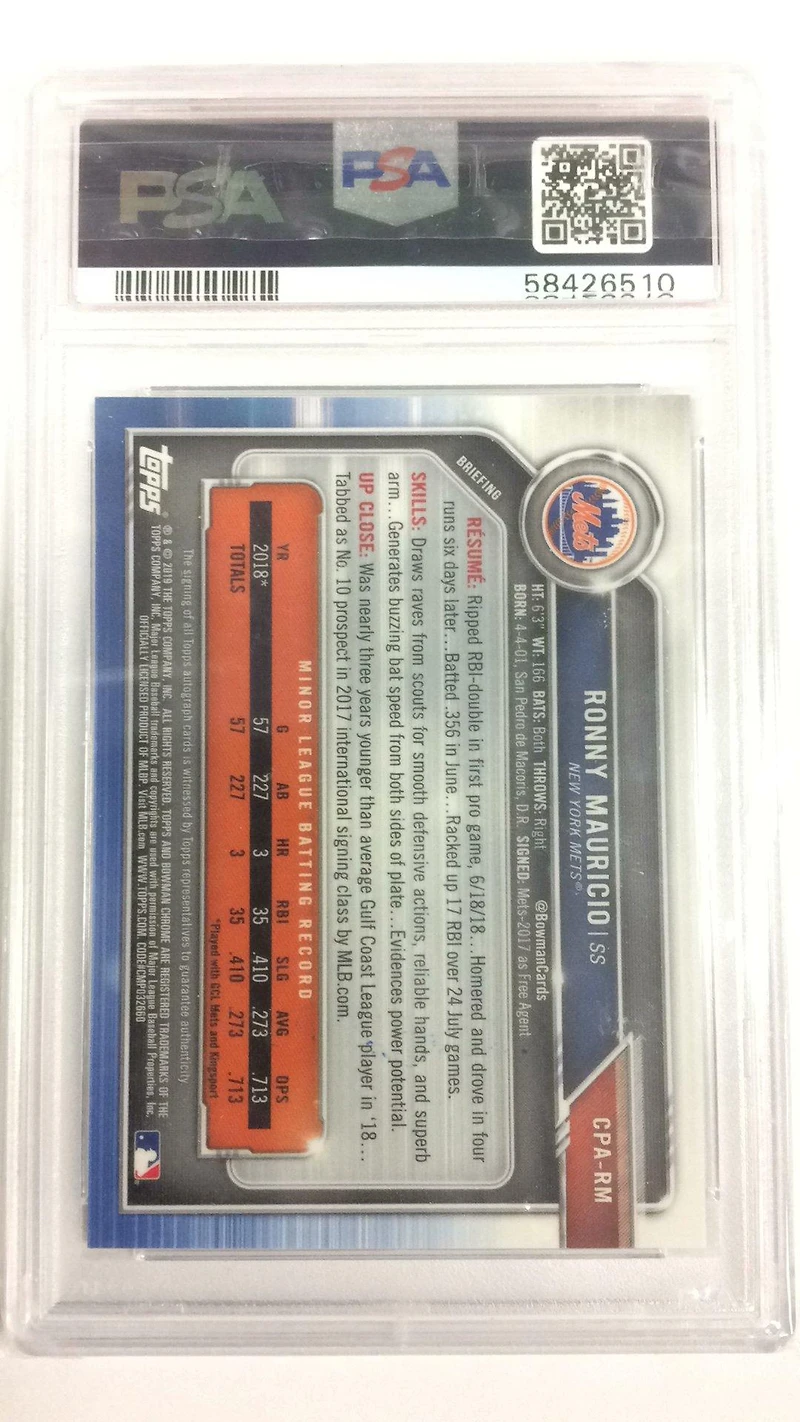 2019 Bowman Prospect Autographs Chrome Rm Ronny Mauricio Speckle Refractor PSA 9