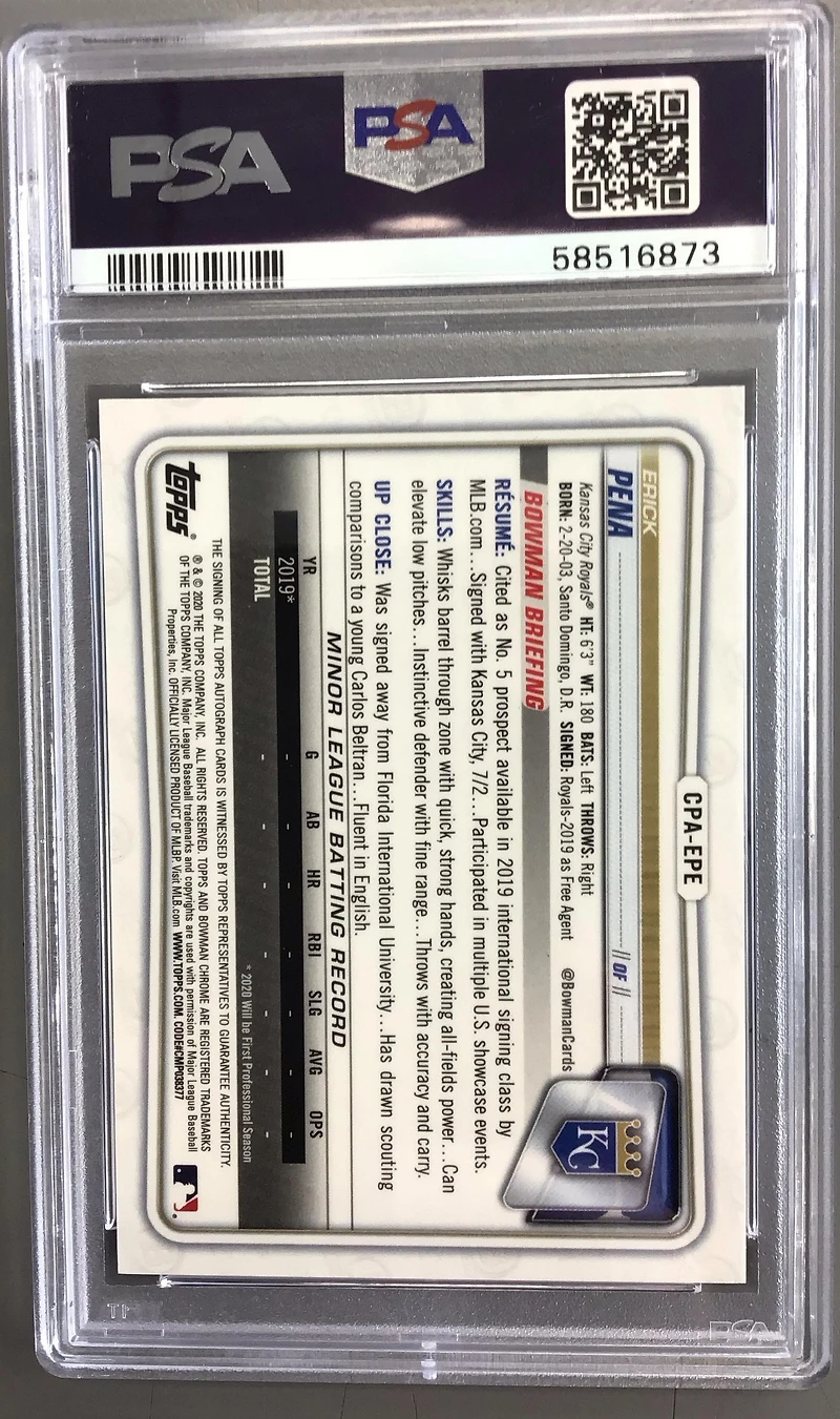 2020 Bowman Chrome Prospect Autographs Cpaepe Erick Pena Blue Refractor PSA 9
