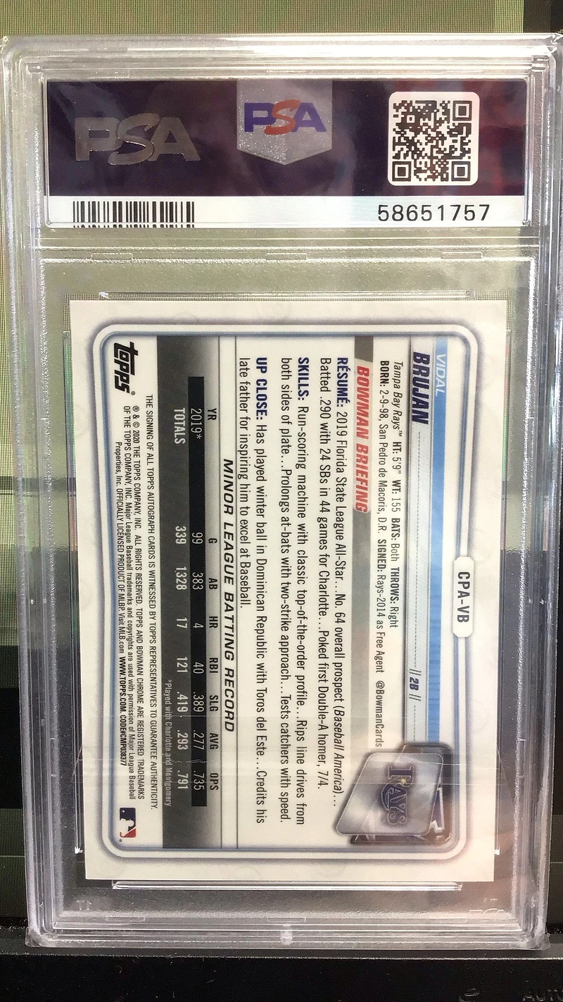 2020 Bowman Chrome Prospect Autographs Cpavb Vidal Brujan Purple Refractor PSA 10