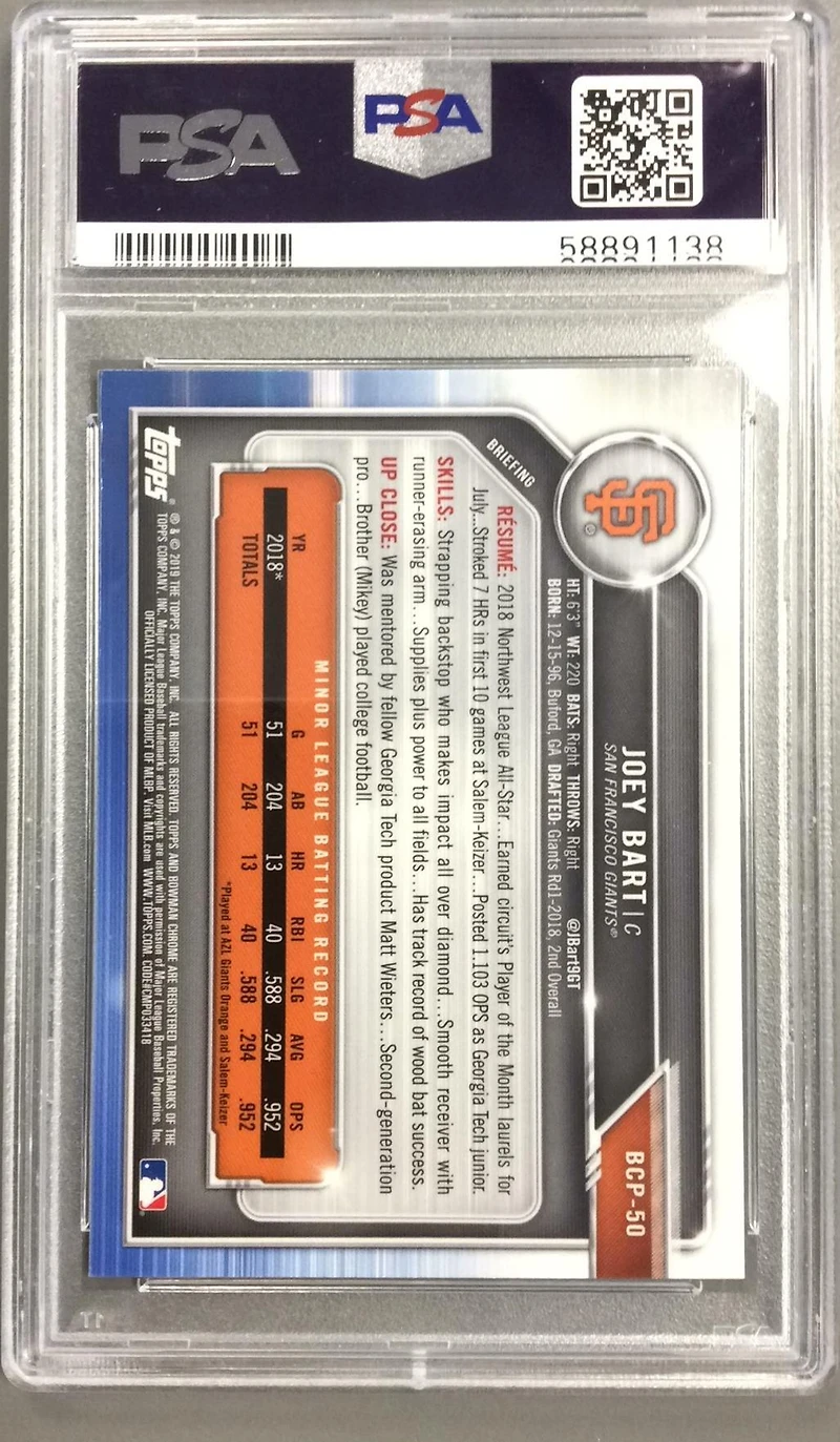 2019 Bowman Mega Box Chrome 50 Joey Bart Orange Jersey PSA 9