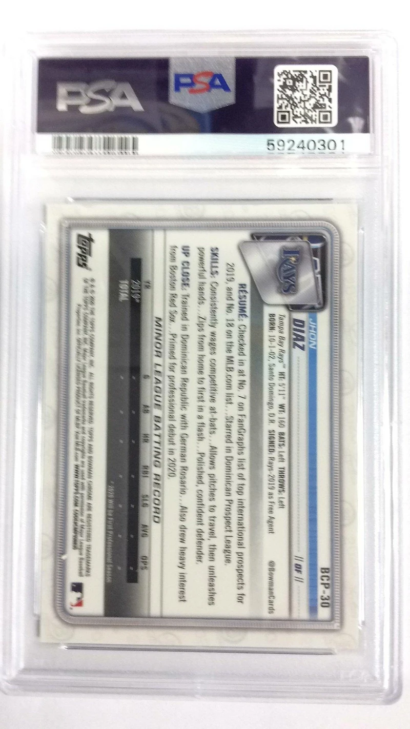 2020 Bowman Chrome Mega Box Bcp30 Jhon Diaz Purple Refractor PSA 9