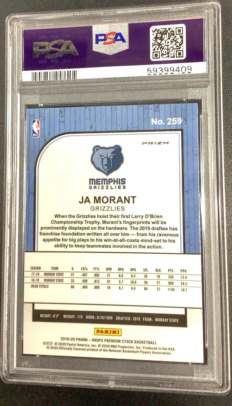 2019 Panini Hoops Premium Stock 259 Ja Morant Blue Wave PSA 9