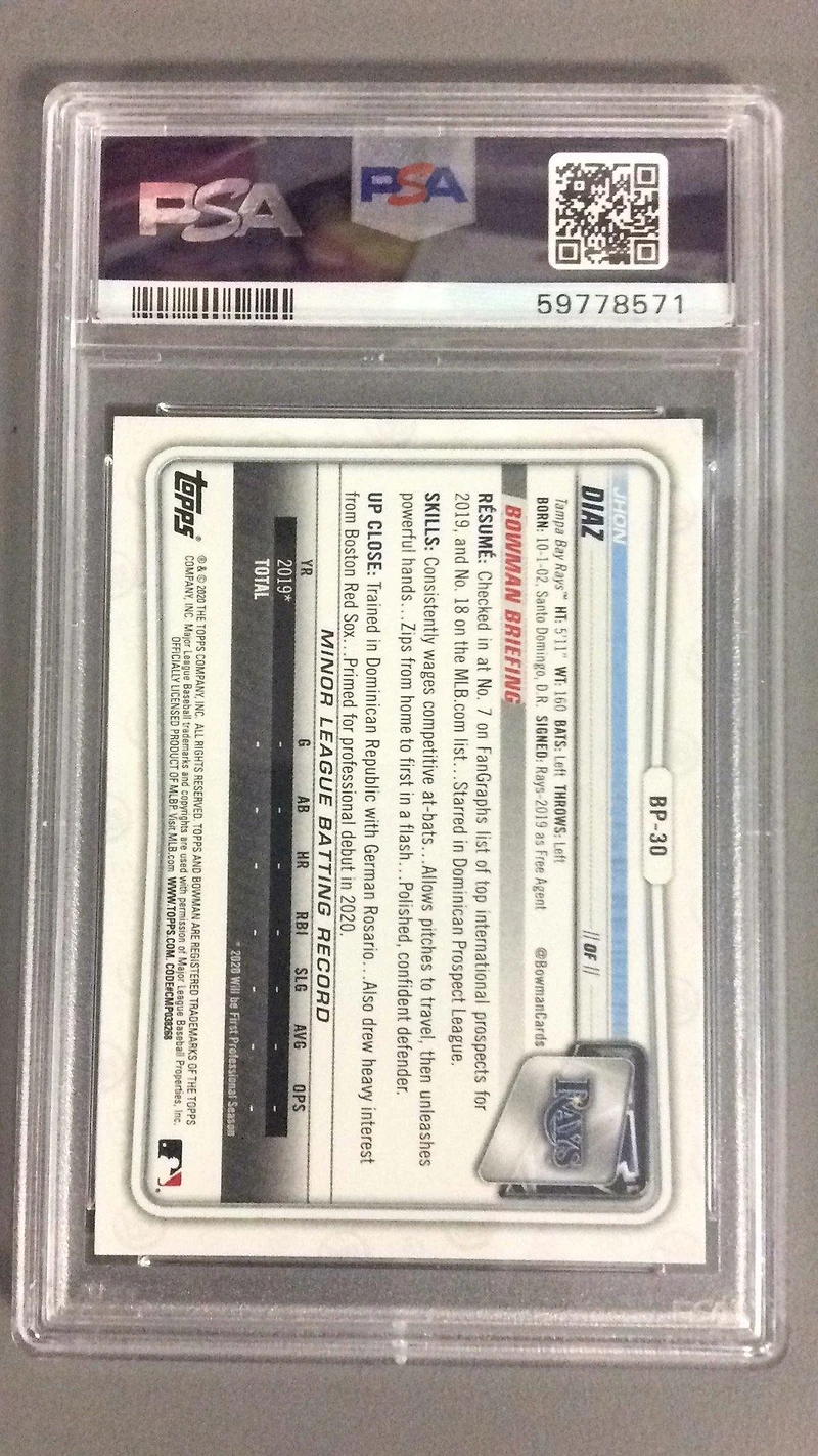 2020 Bowman Paper Prospects Bp30 Jhon Diaz PSA 10