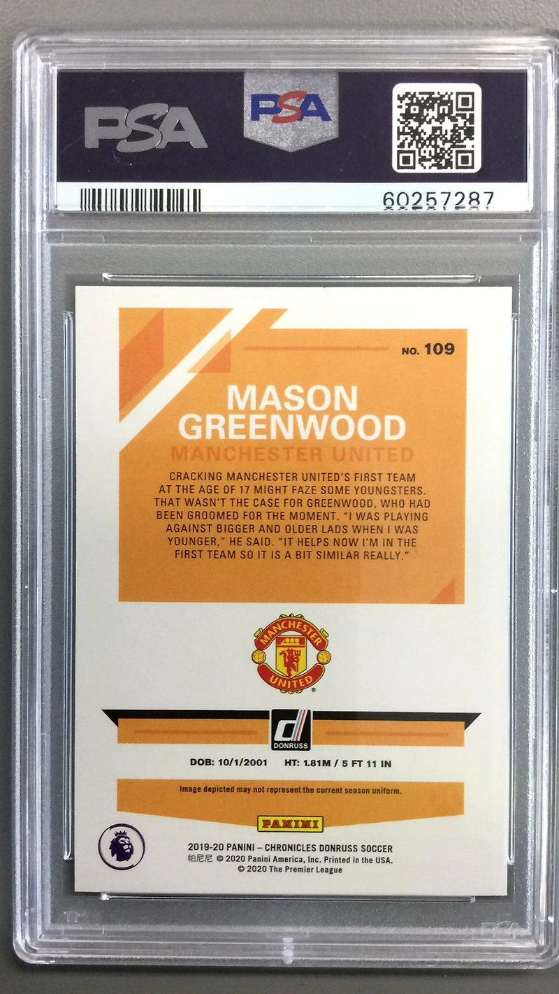 2019 Panini Chronicles 109 Mason Greenwood Donruss Premier League PSA 9