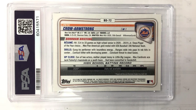 2020 Bowman Draft Bd72 Pete Crow-armstrong Chrome-gold Refractor PSA 9