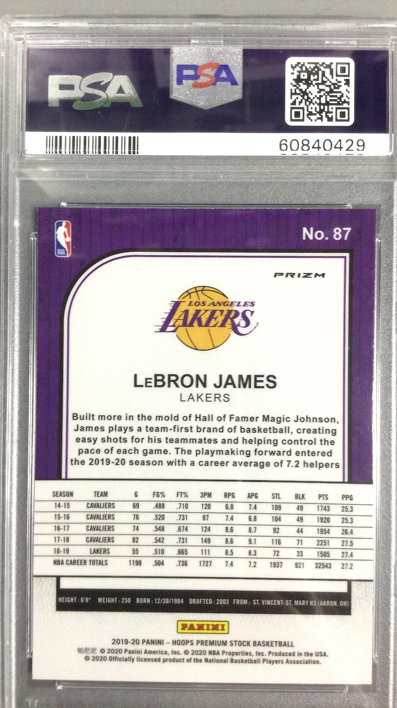 2019 Panini Hoops Premium Stock 87 Lebron James Silver Laser PSA 10