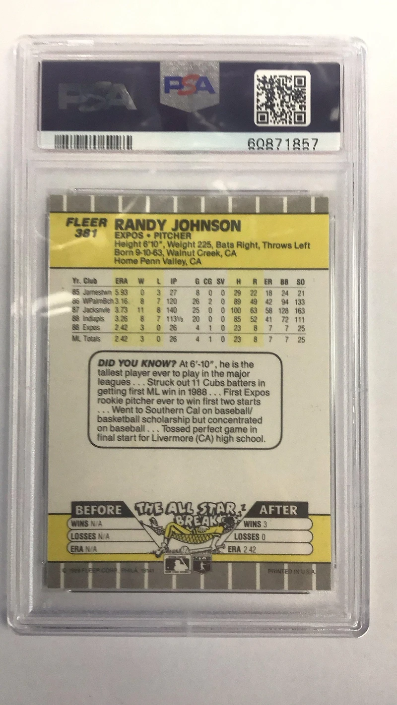 1989 Fleer 381 Randy Johnson Ad Completely Blacked Out PSA 10