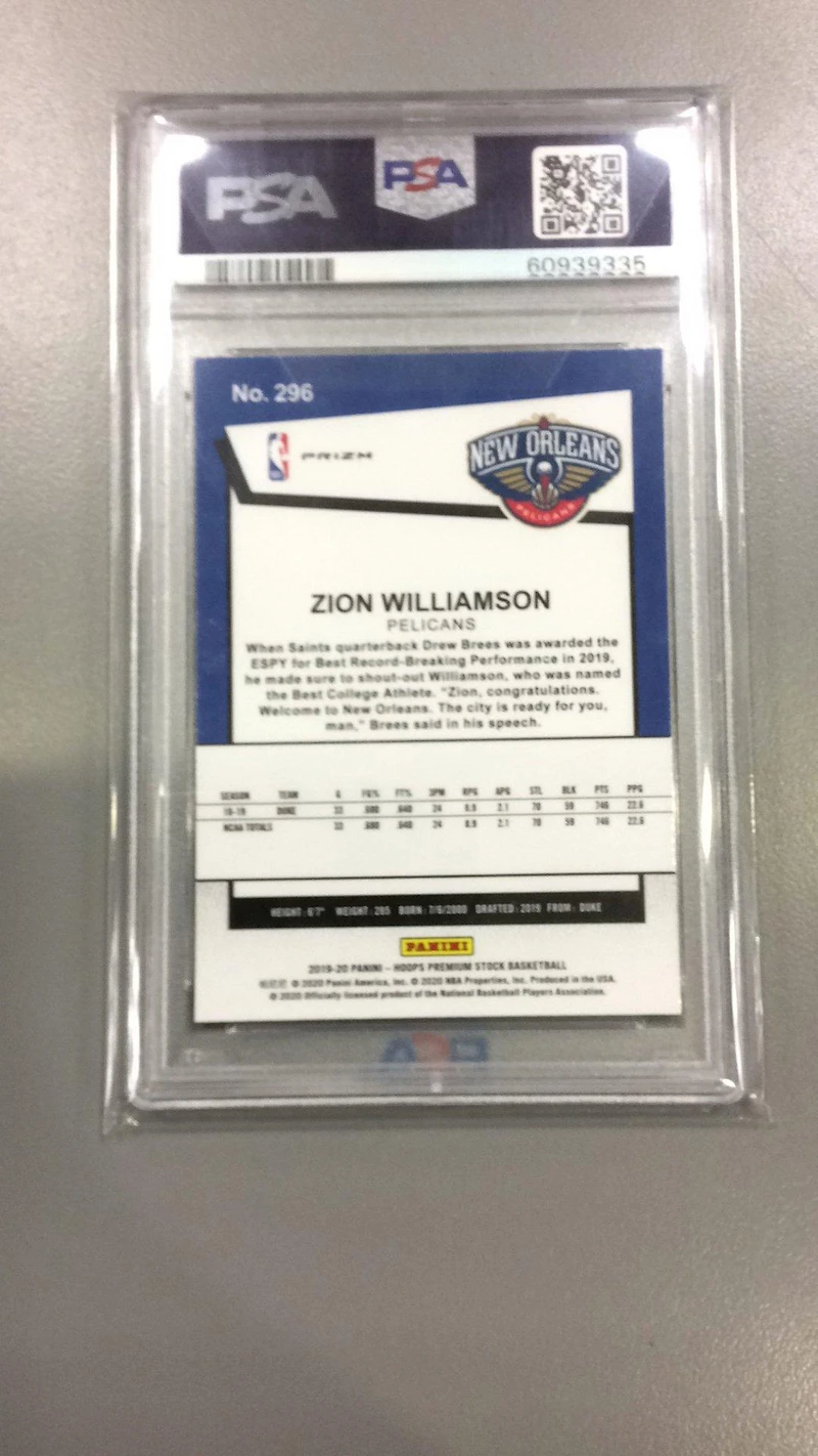 2019 Panini Hoops Premium Stock 296 Zion Williamson Silver Laser PSA 10