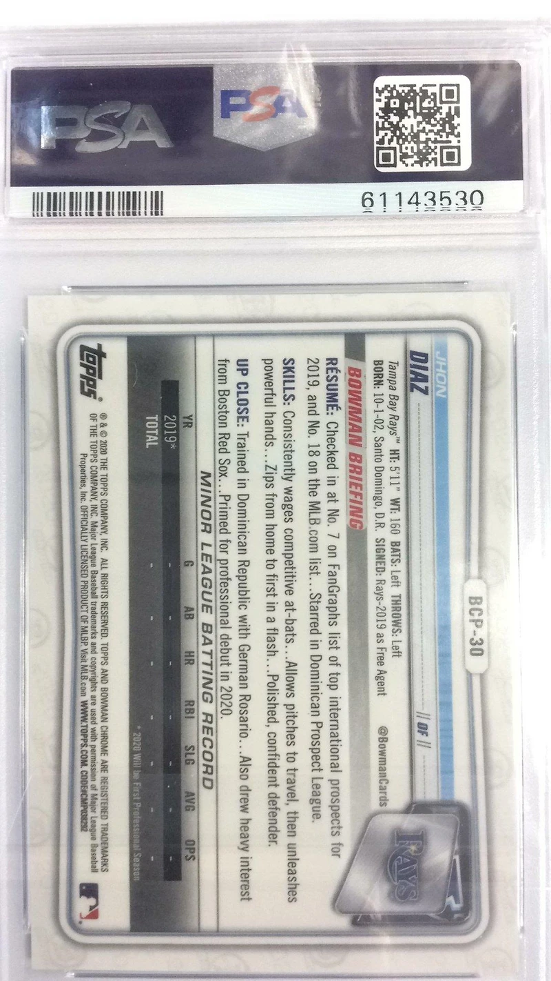 2020 Bowman Chrome Prospects Bcp30 Jhon Diaz Purple Refractor PSA