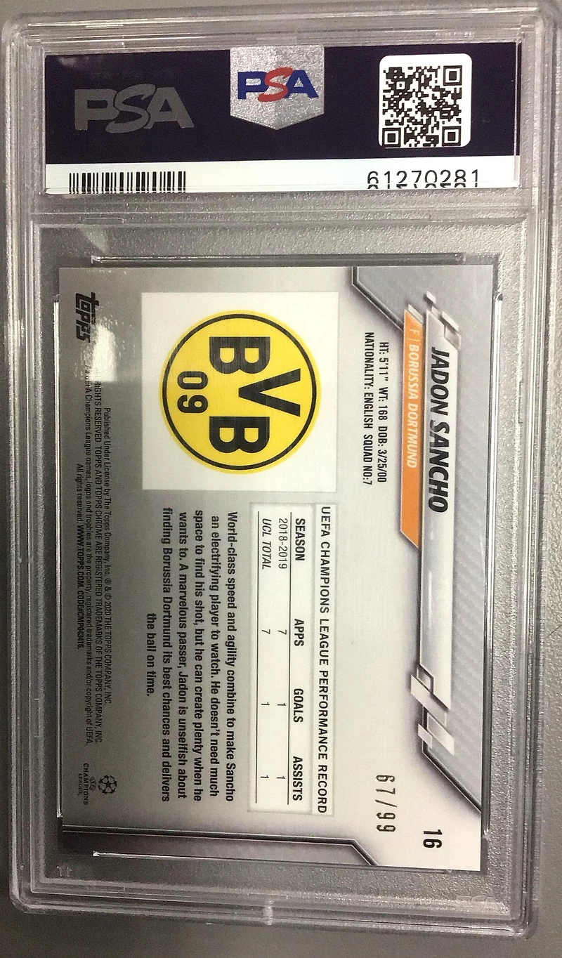 2019 Topps Chrome Uefa Champions League Sapphire Edition 16 Jadon Sancho Yellow PSA 10