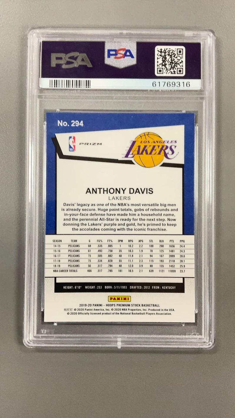2019 Panini Hoops Premium Stock 294 Anthony Davis Purple Disco PSA 10