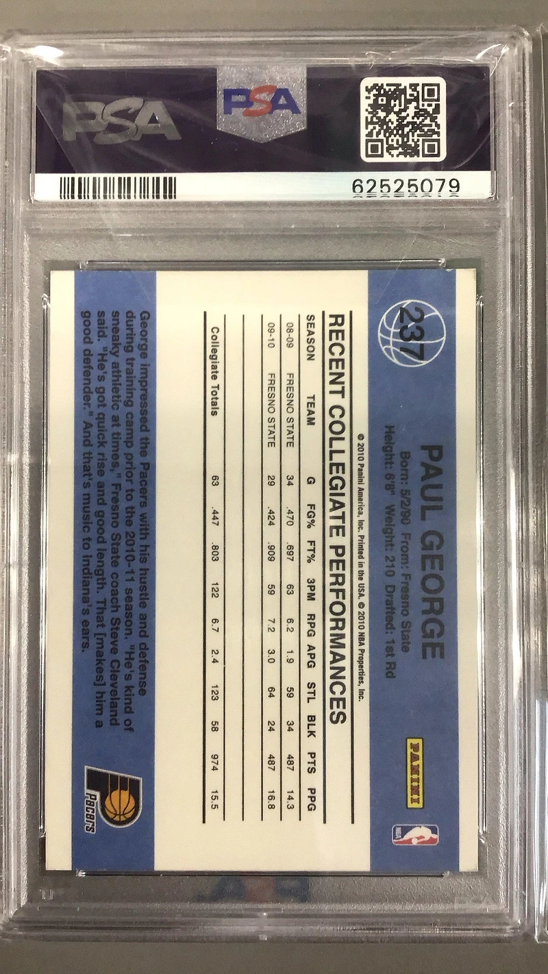 2010 Donruss 237 Paul George PSA 8