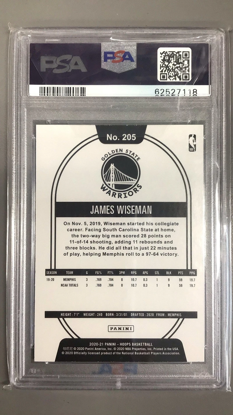 2020 Panini Hoops 205 James Wiseman Purple Explosion PSA 10