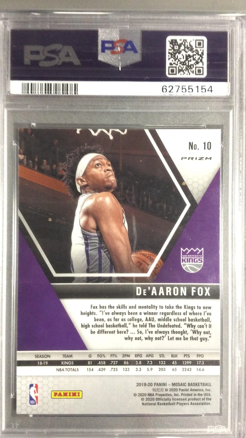 2019 Panini Mosaic 10 De'aaron Fox Reactive Blue PSA 10