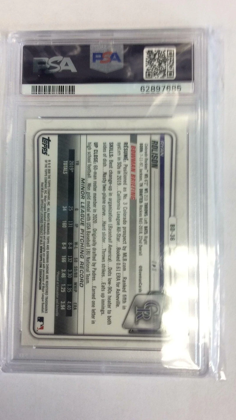 2020 Bowman Draft Chrome Sapphire Edition Bd36 Ryan Rolison PSA 10