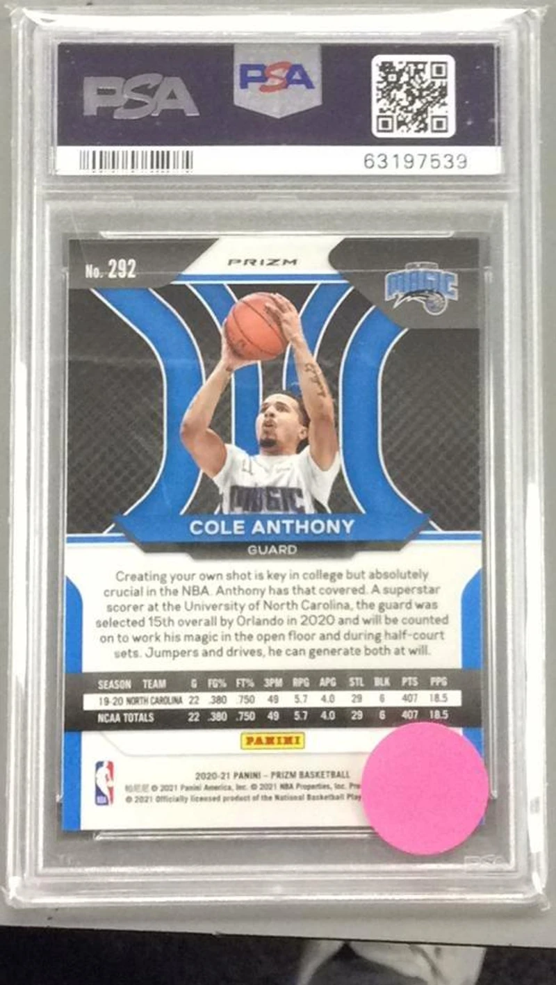 2020 Panini Prizm 292 Cole Anthony Silver Prizm PSA 10