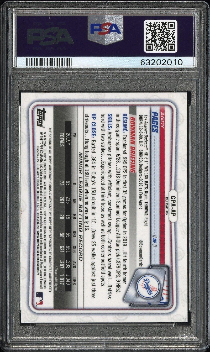 2020 Bowman Chrome Prospect Autographs Cpaap Andy Pages Refractor PSA
