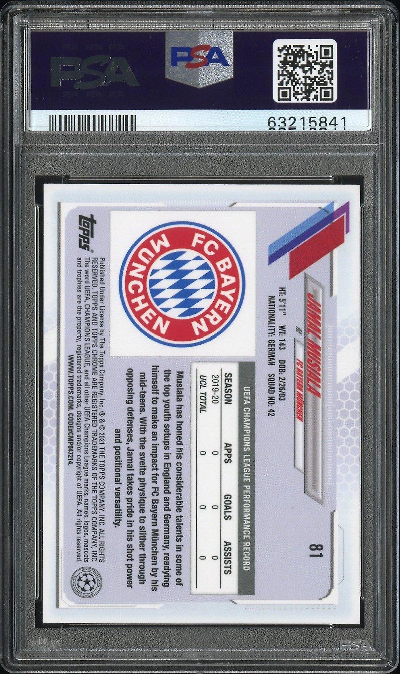 2020 Topps Chrome Uefa Champions League Sapphire Edition 81 Jamal Musiala PSA 10