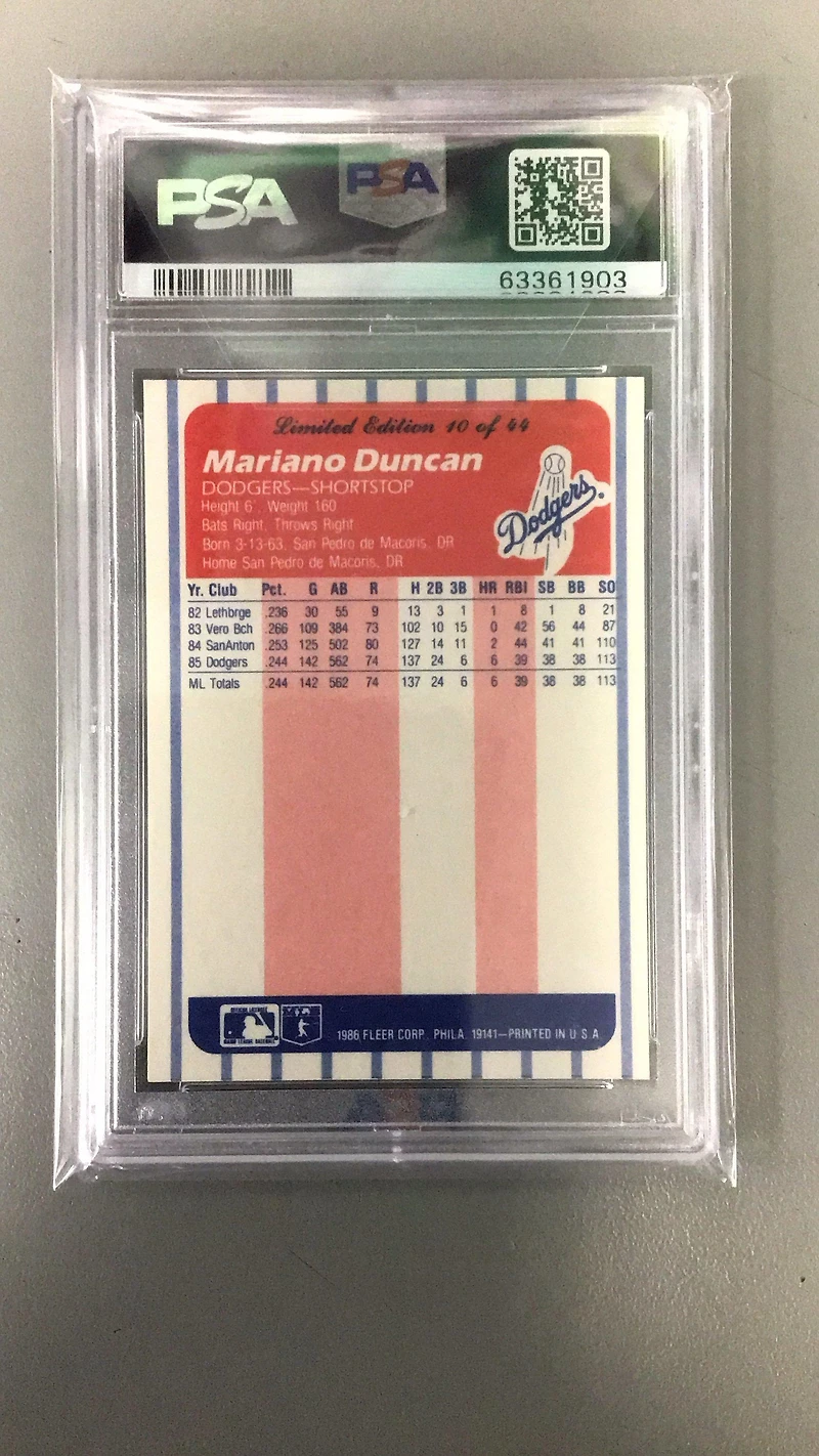 1986 Fleer League Leaders 10 Mariano Duncan PSA 10