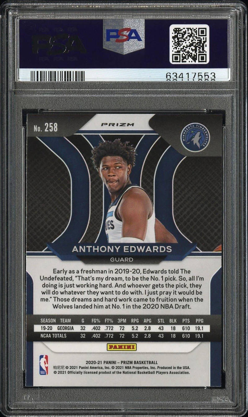2020 Panini Prizm 258 Anthony Edwards Silver Prizm PSA