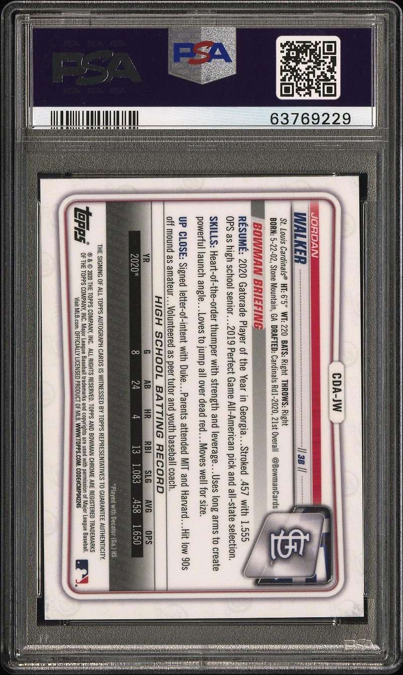 2020 Bowman Draft Chrome Draft Picks Autographs Cdajw Jordan Walker Sparkle Refractor PSA 9