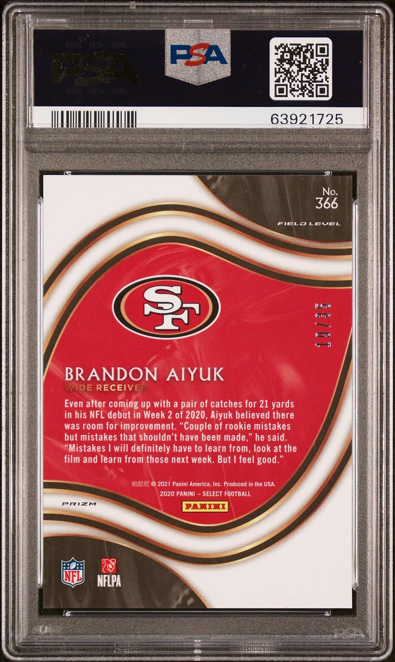 2020 Panini Select 366 Brandon Aiyuk White Prizm PSA 10