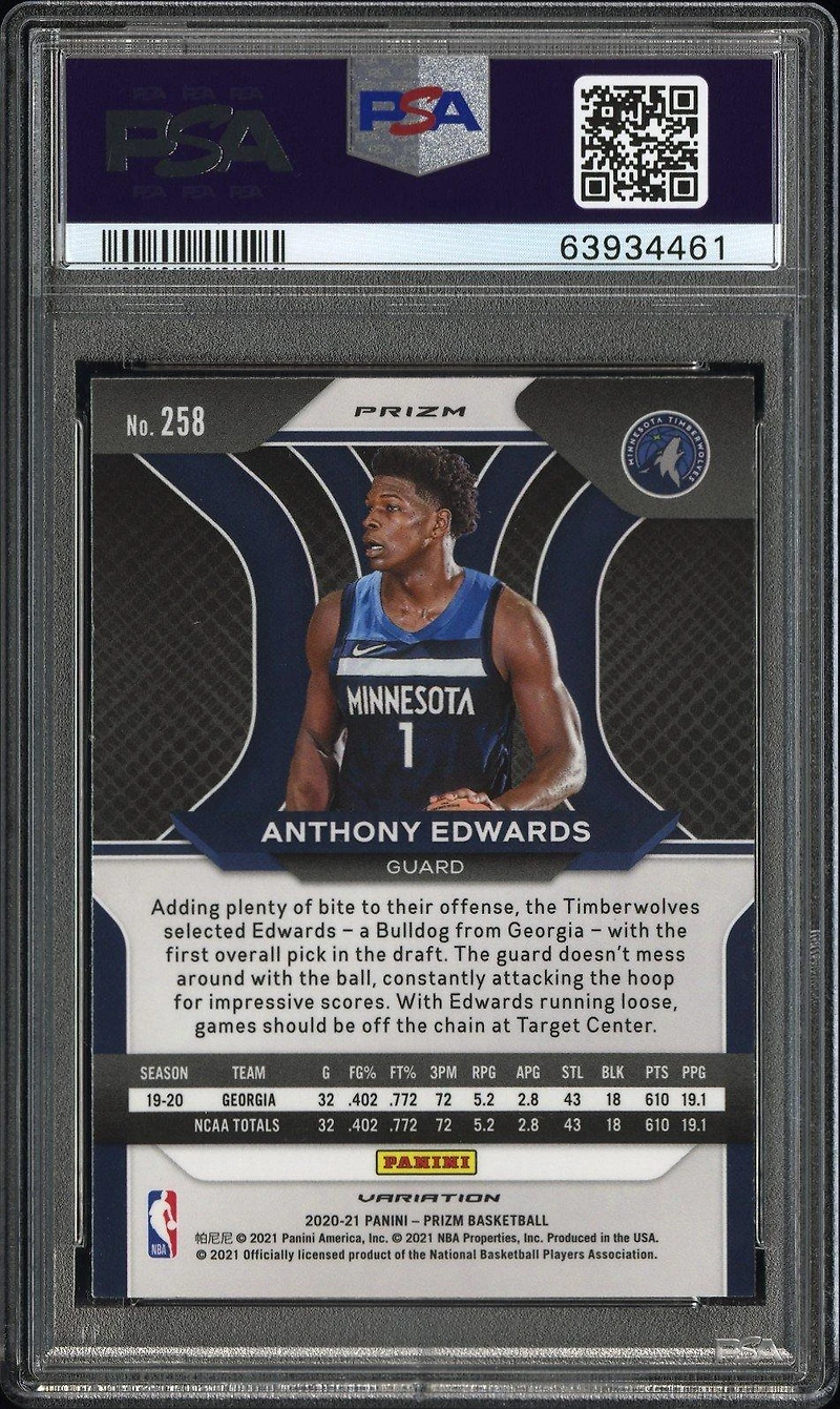 2020 Panini Prizm 258 Anthony Edwards Variation-fast Break PSA 9