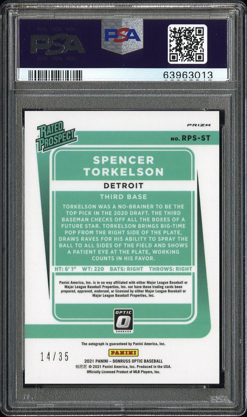 2021 Panini Donruss Optic Rated Prospect Signatures Rpsst Spencer Torkelson Teal Velocity PSA 10
