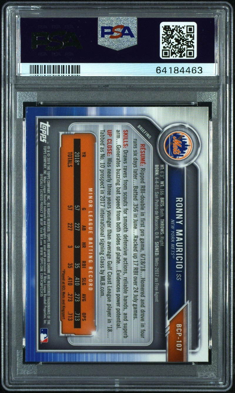 2019 Bowman Mega Box Chrome 107 Ronny Mauricio No Helmet PSA 9