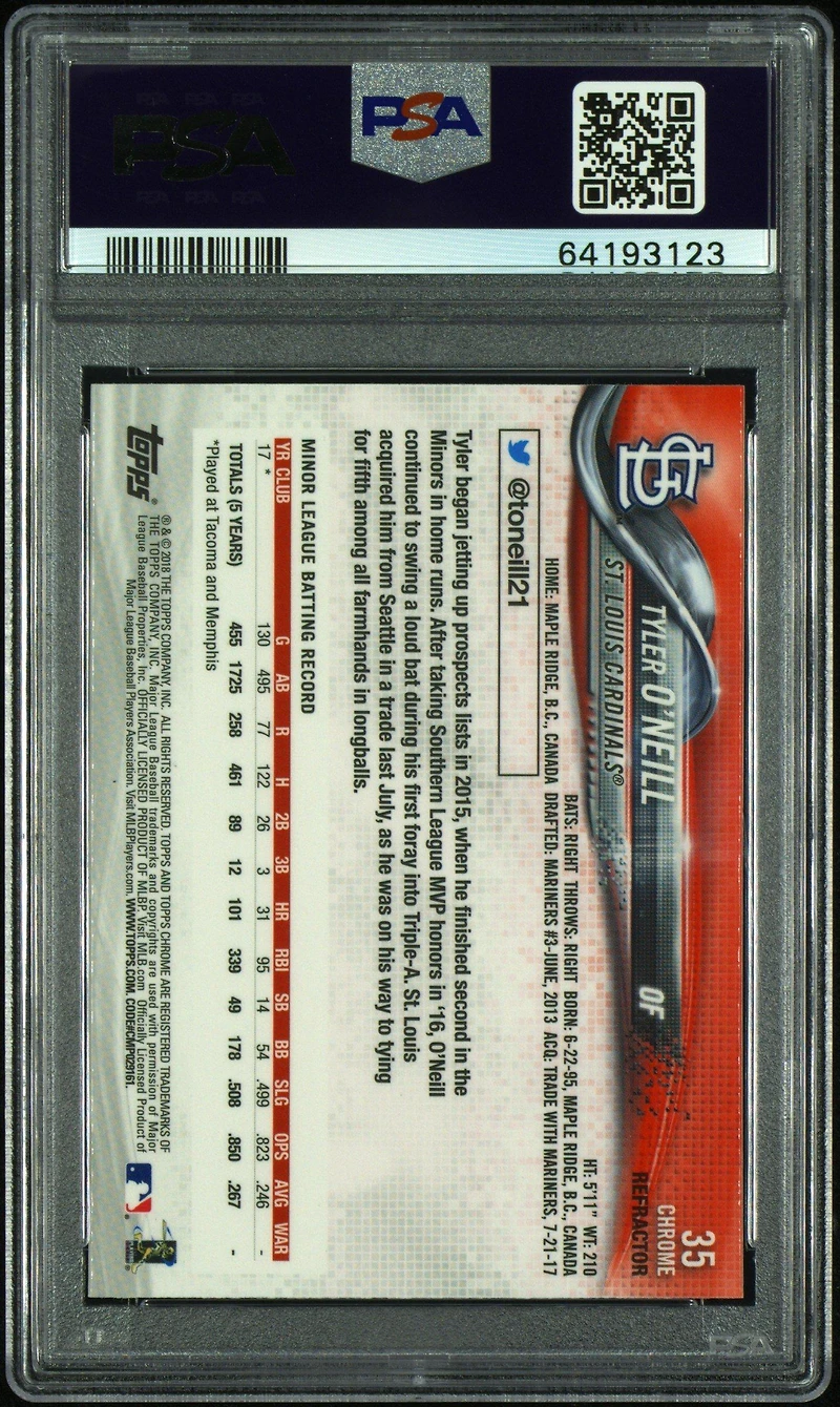 2018 Topps Chrome 35 Tyler O'neill Refractor PSA 10