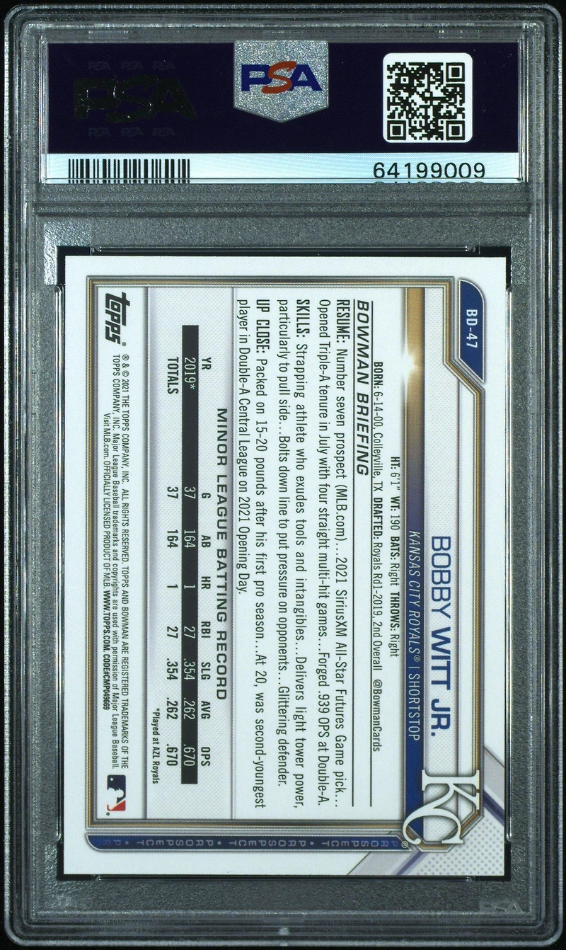 2021 Bowman Draft Bd47 Bobby Witt Jr. Sky Blue PSA 10