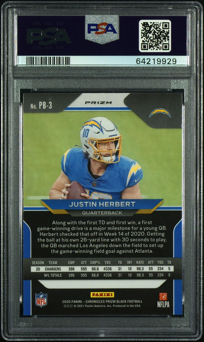 2020 Panini Chronicles Prizm Black Pb3 Justin Herbert PSA