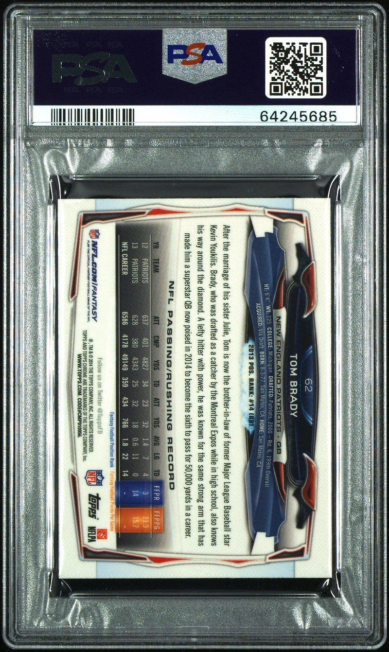 2014 Topps Chrome Mini 62 Tom Brady Blue Jersey-refractor PSA 10