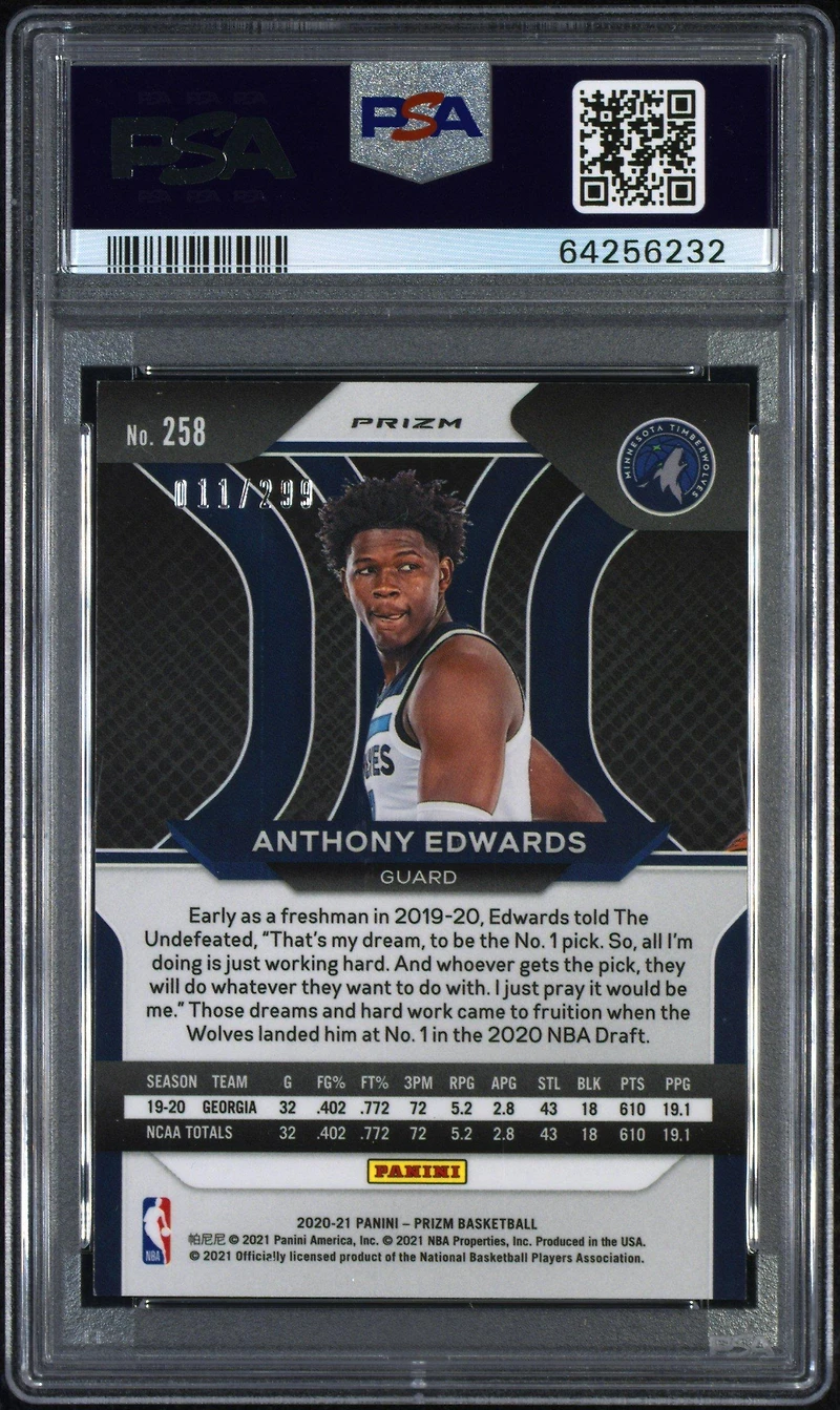 2020 Panini Prizm 258 Anthony Edwards Red Prizm PSA 8
