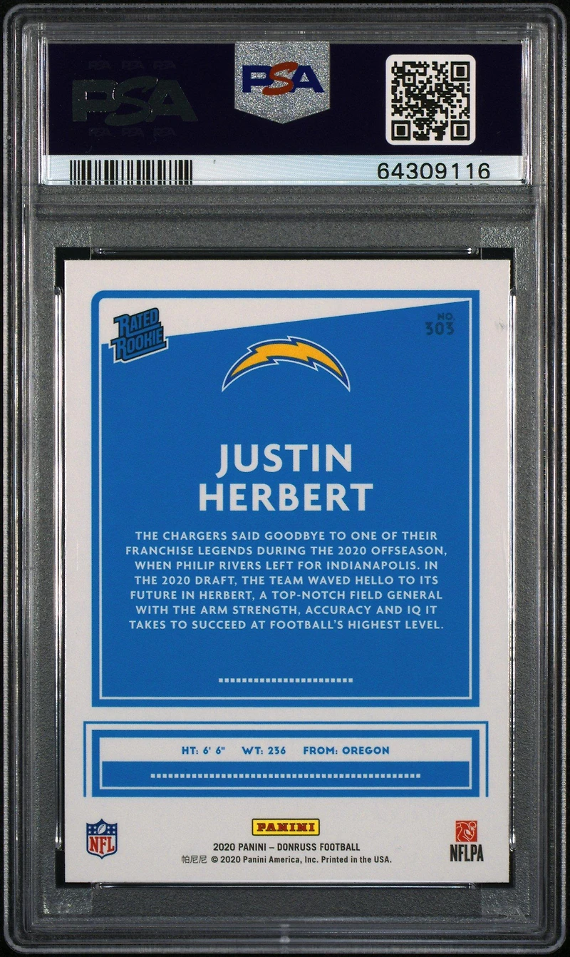 2020 Panini Donruss 303 Justin Herbert Yellow Press Proof PSA 10