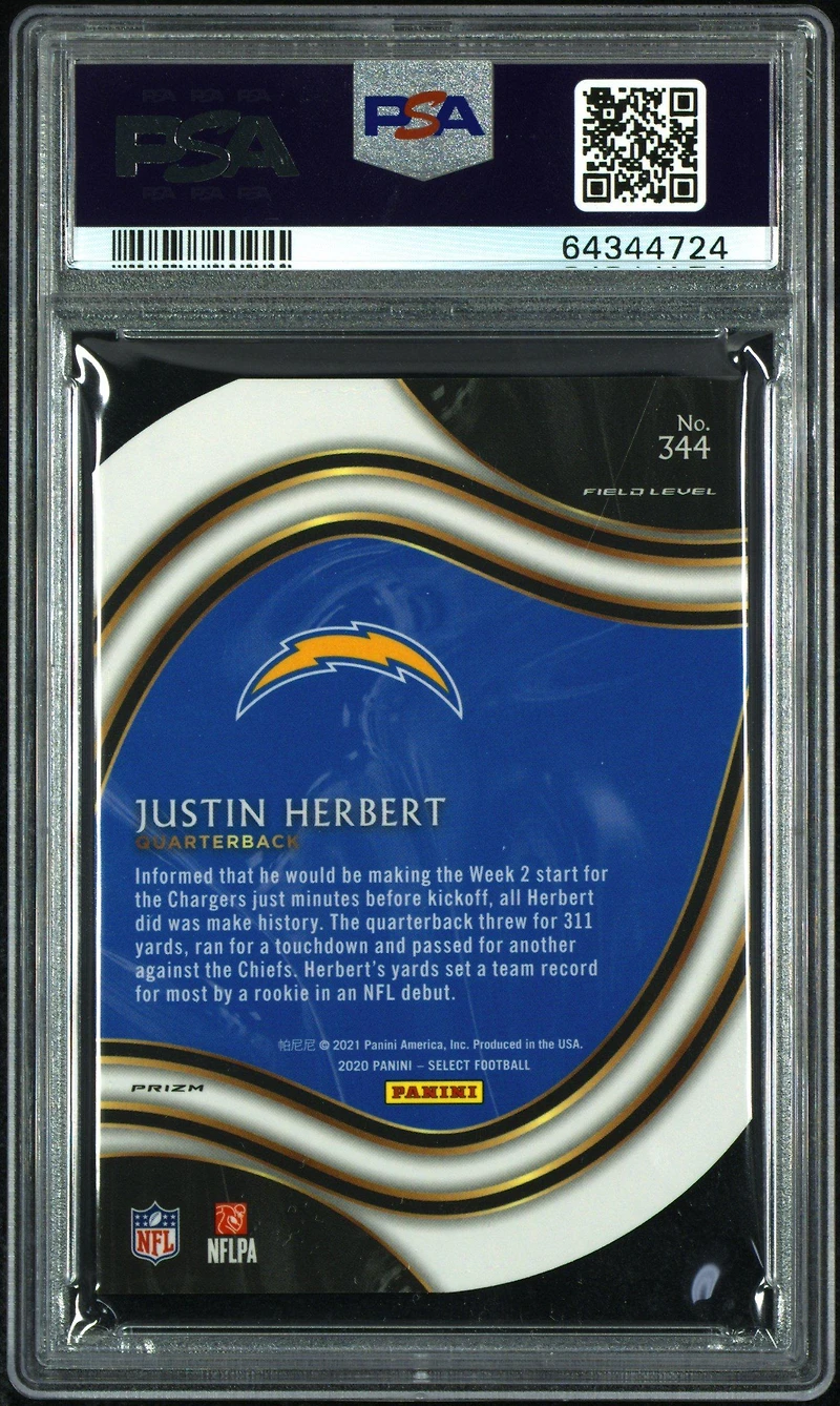 2020 Panini Select 344 Justin Herbert Die-cut White Prizm PSA 10