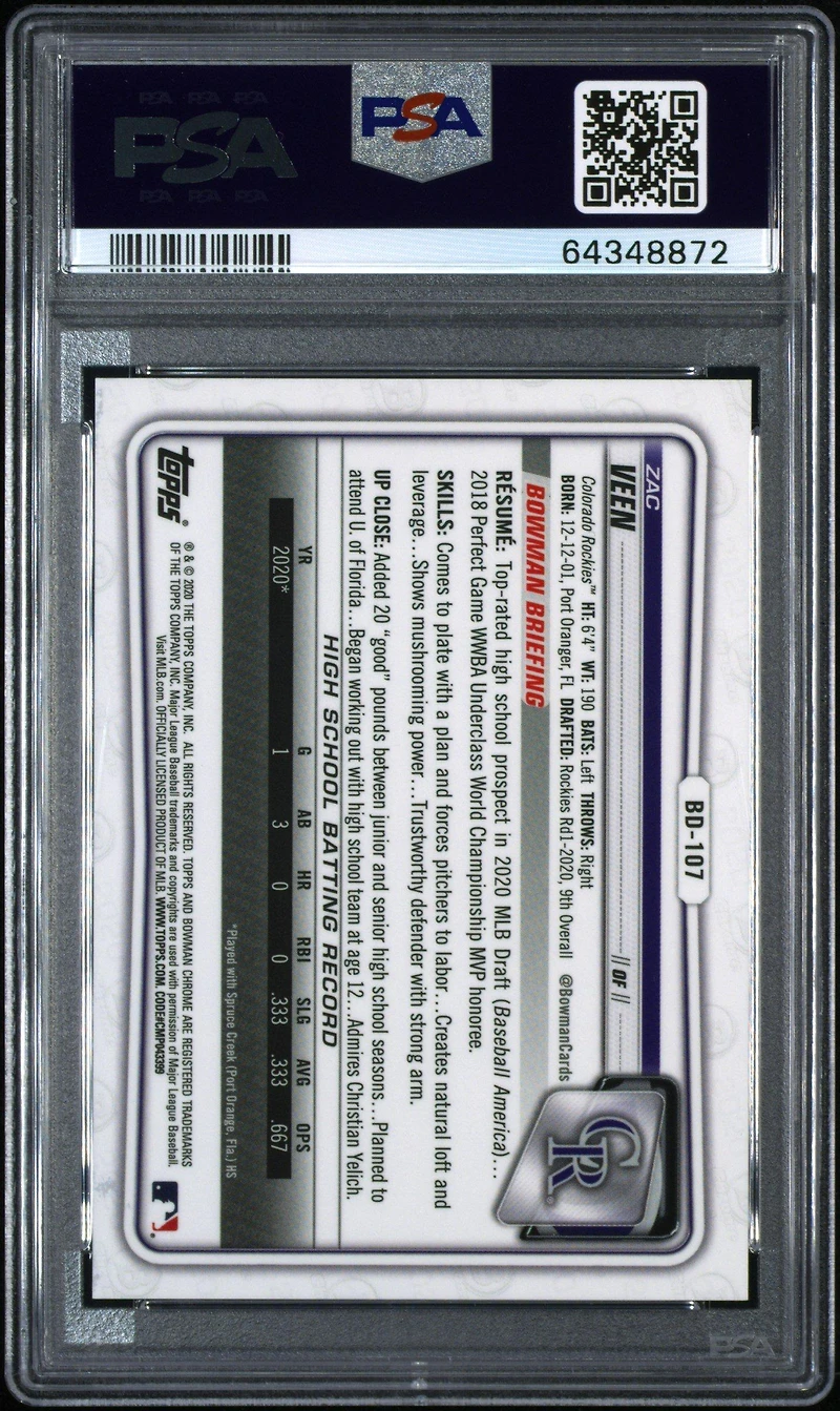 2020 Bowman Draft Chrome Sapphire Edition Bd107 Zac Veen PSA 10