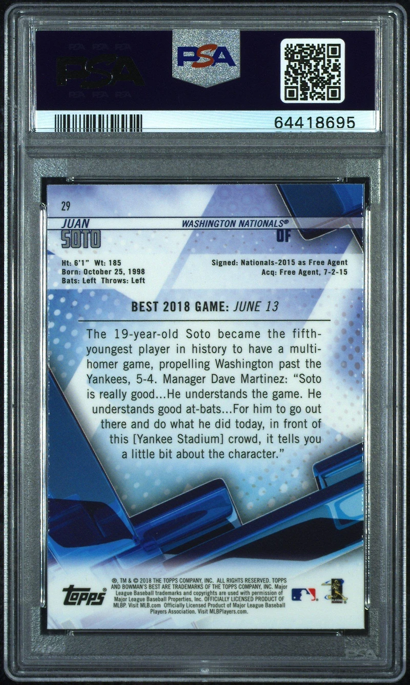 2018 Bowman's Best 29 Juan Soto PSA 10
