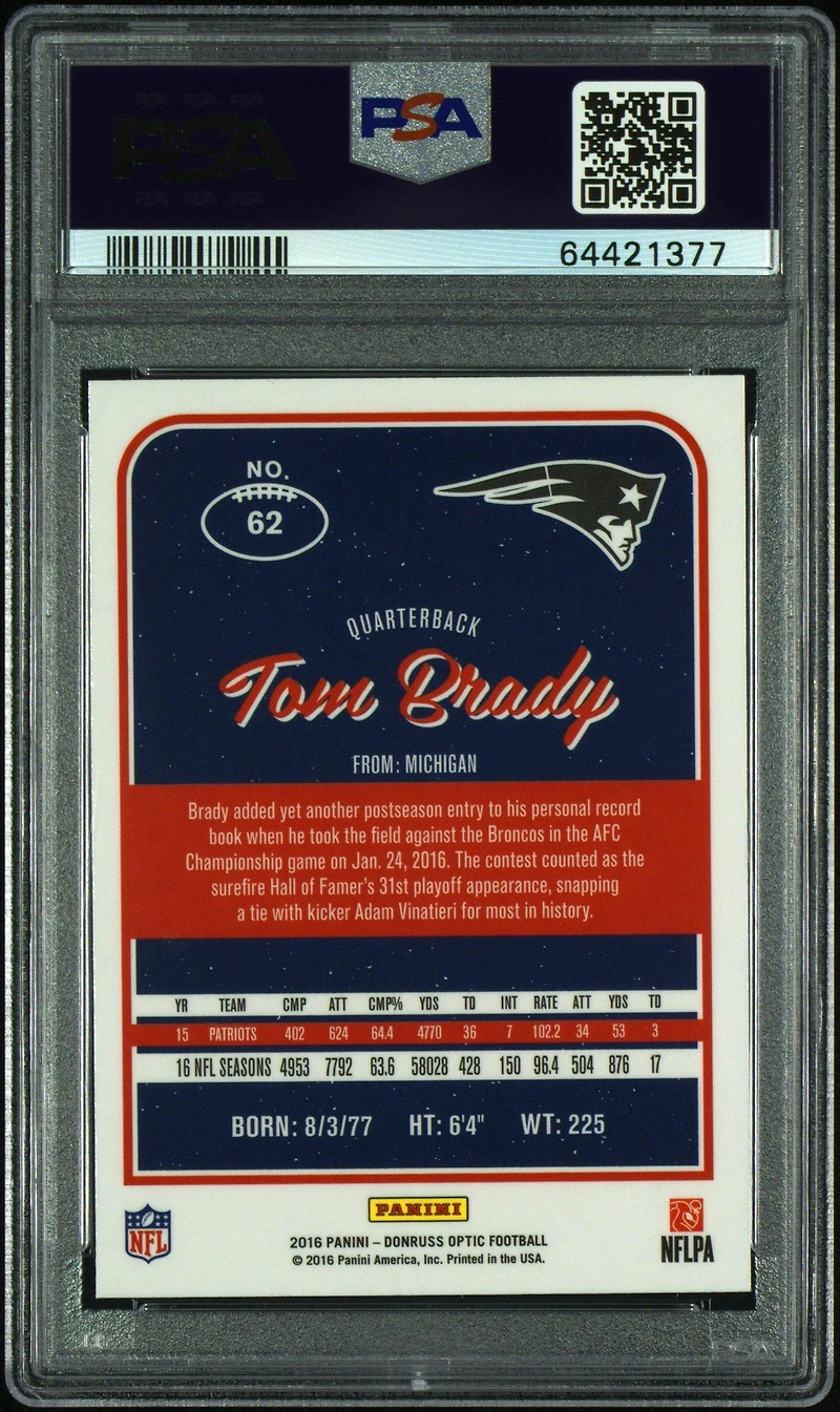 2016 Panini Donruss Optic 62 Tom Brady PSA 10