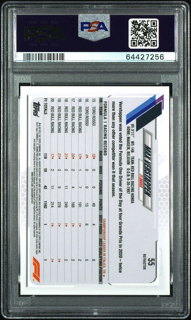2021 Topps Chrome Formula 1 55 Max Verstappen Refractor PSA 9