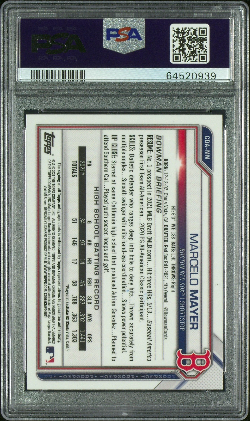 2021 Bowman Draft Chrome Draft Pick Autographs Cdamm Marcelo Mayer PSA 9