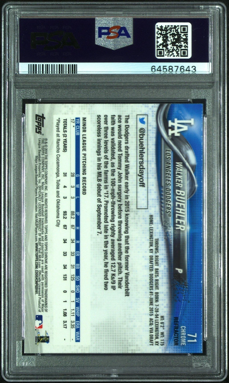 2018 Topps Chrome 71 Walker Buehler PSA 10
