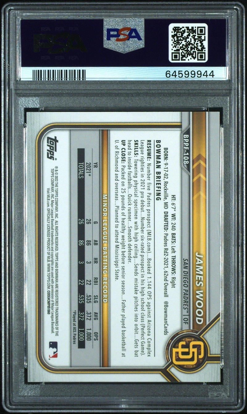 2022 Bowman 1st Edition Bppf108 James Wood Sky Blue Foil PSA 10