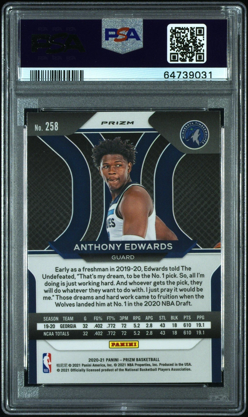 2020 Panini Prizm 258 Anthony Edwards Ice PSA