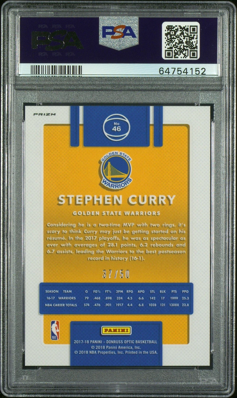 2017 Panini Donruss Optic 46 Stephen Curry Fast Break Blue PSA 9